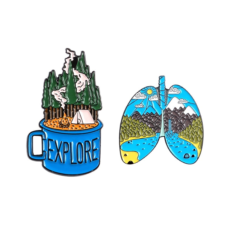QIHE JEWELRY Adventure travel theme pins Bus Air tickets Magic dragon Camping brooches badges Trendy pin gifts for travel lovers