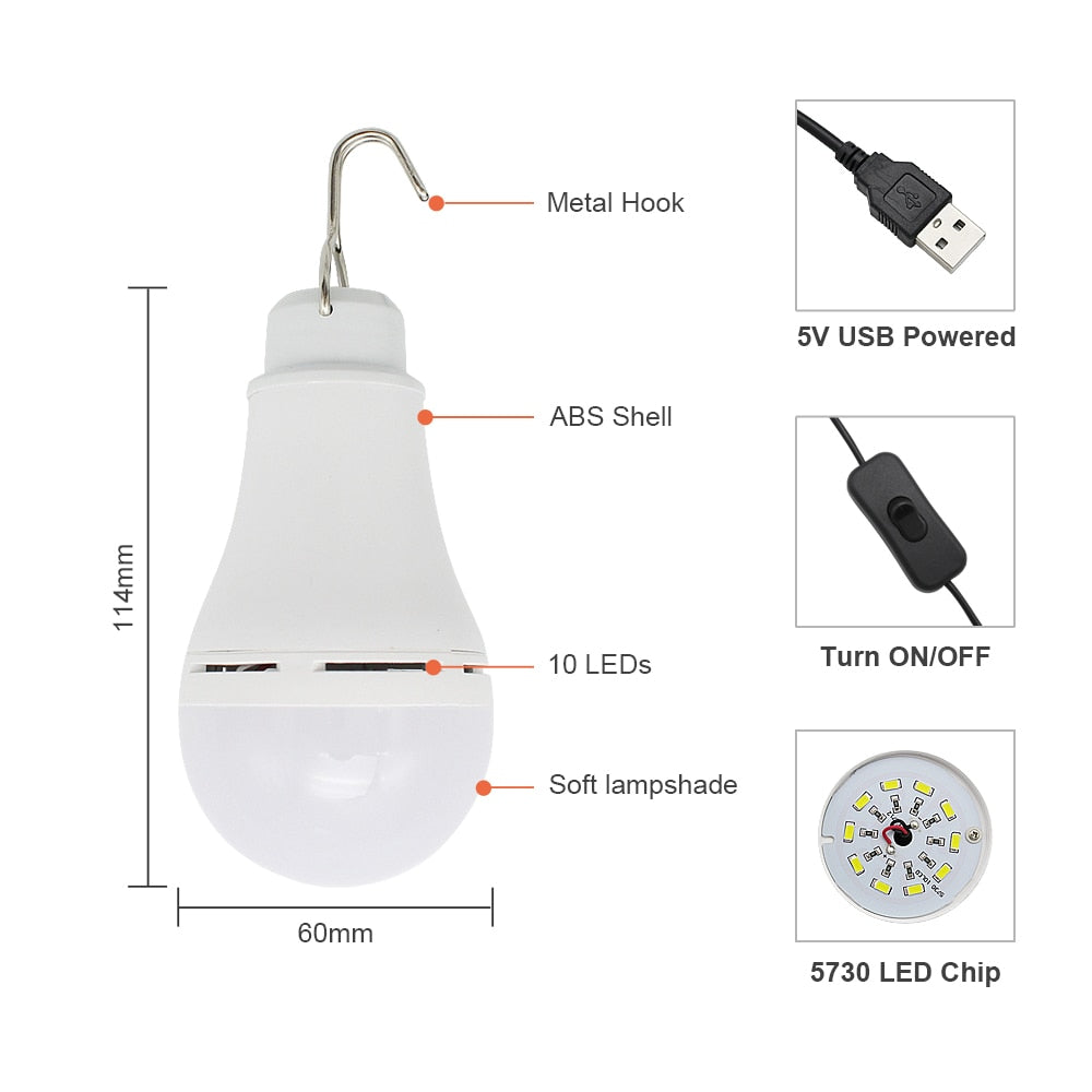 Portable Lanterns 5W USB LED Bulb Light With Switch Button Home Emergency Night Lamp For Hiking Camping Fishing Outdoor lighting