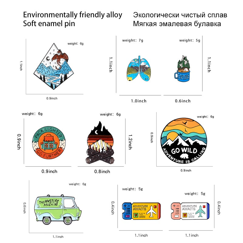 QIHE JEWELRY Adventure travel theme pins Bus Air tickets Magic dragon Camping brooches badges Trendy pin gifts for travel lovers