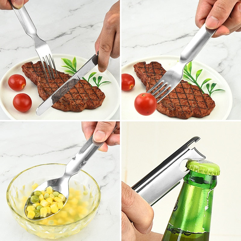 4-in-1 Portable Stainless Steel Camping Spoon, Fork, Knife and Can/Bottle Opener, Military Camping Utensils