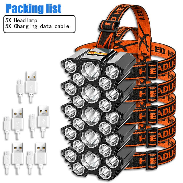 USB Rechargeable Headlamp Portable 5LED Headlight Built in Battery Torch Portable Working Light Fishing Camping Head Light