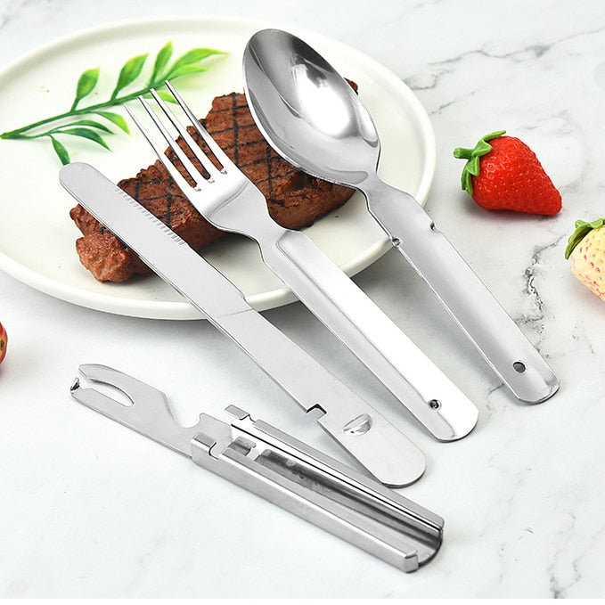 4-in-1 Portable Stainless Steel Camping Spoon, Fork, Knife and Can/Bottle Opener, Military Camping Utensils