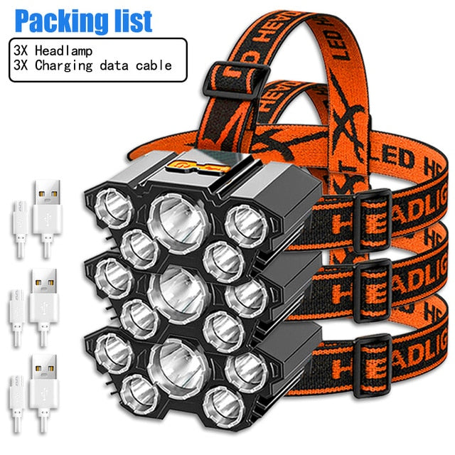 USB Rechargeable Headlamp Portable 5LED Headlight Built in Battery Torch Portable Working Light Fishing Camping Head Light