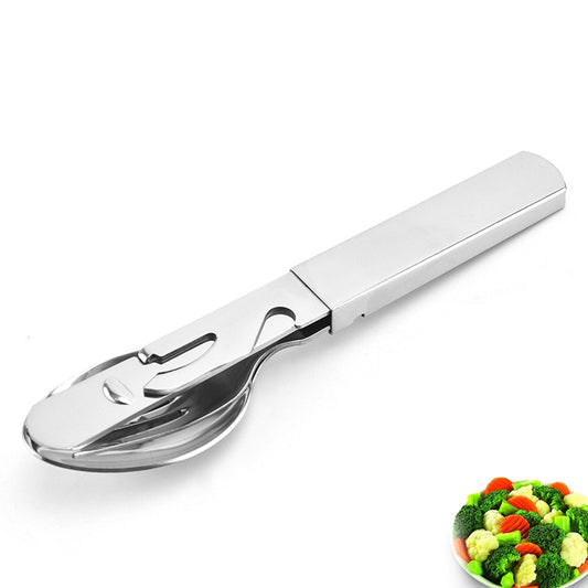 4-in-1 Portable Stainless Steel Camping Spoon, Fork, Knife and Can/Bottle Opener, Military Camping Utensils